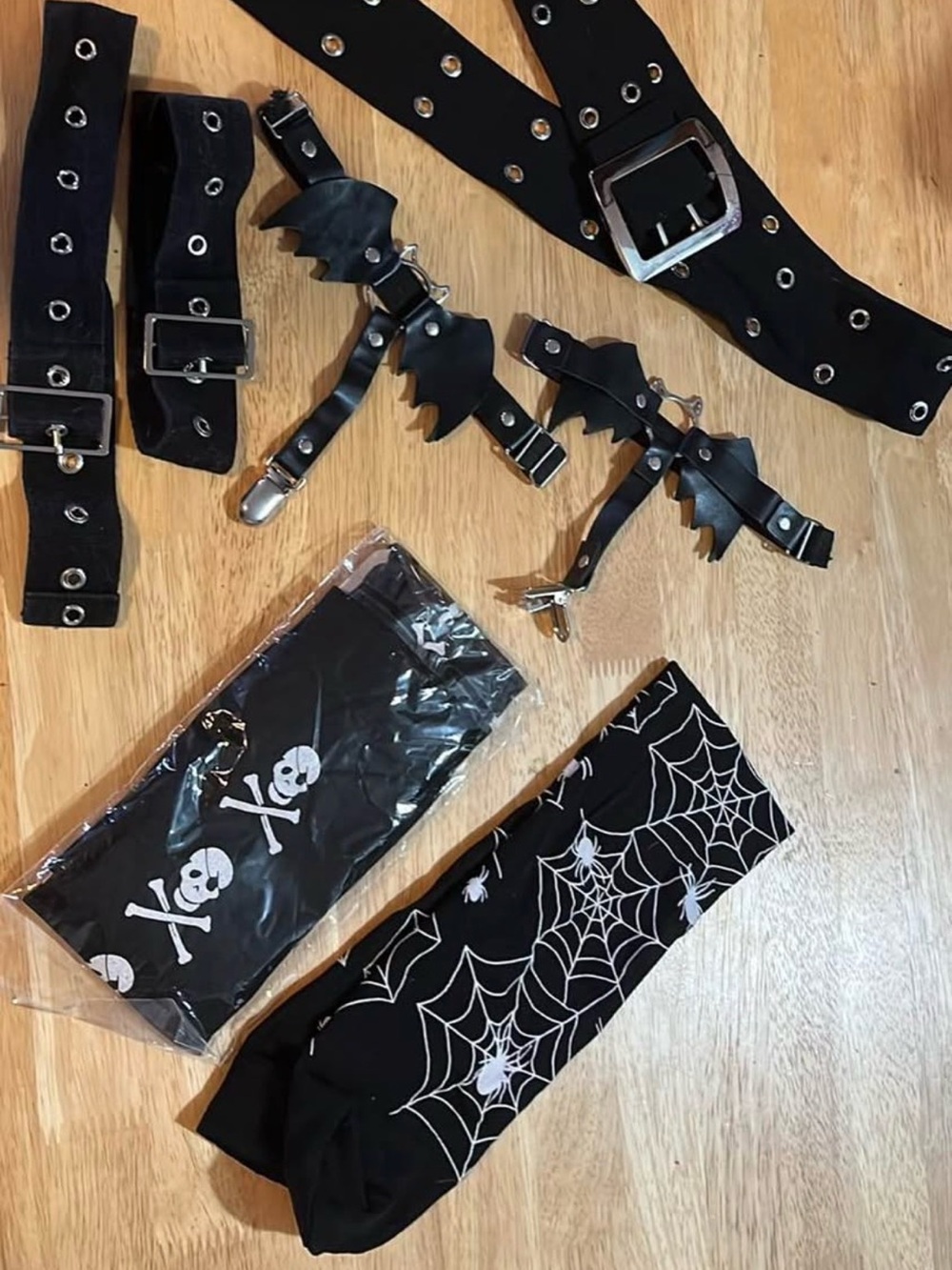 Bat Garter Belt with Black Spiderweb Knee-High Socks with OneWhite Web Stocking